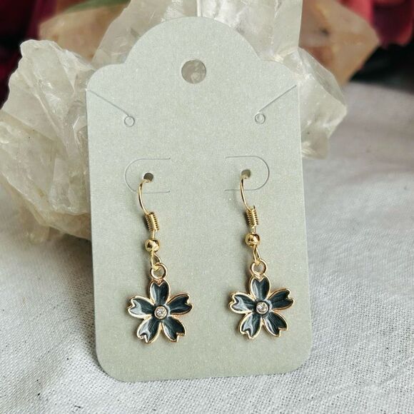 3/$15 Yellow Gold Black Enamel Rhinestone Flower Dangle Earrings - Picture 1 of 4